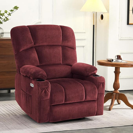MCombo Oversized Dual Motor Power Lift Recliner Chair Sofa with Massage and Heat for Big Elderly People, Infinite Position, USB Ports, Fabric R7688 (Burgundy, Large-Oversize)