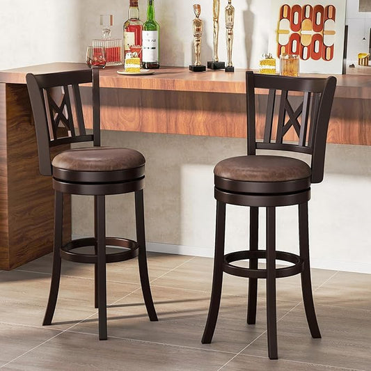 COSTWAY Bar Stools Set of 2, 30” Swivel Bar Chairs with Footrest, Rubber Wood Frame & Hollowed Backrest, Leathaire Bar Height Stools, Padded Counter Stools for Kitchen Island & Pub (2, 30'')