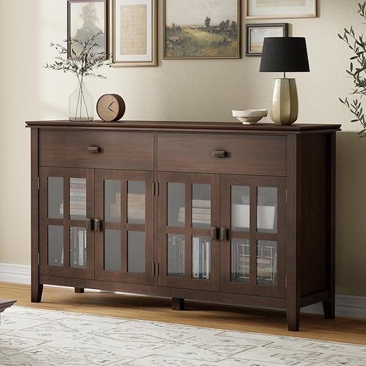 SIMPLIHOME Artisan Buffet - 60 inch Wide Solid Wood 4-Door Sideboard Buffet in Natural Aged Brown, Storage Cabinet for Dining Room or Kitchen with Adjustable Shelves and Square Knobs
