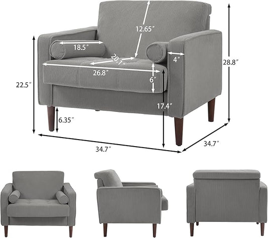 Oversized Accent Chair Set of 1, Corduroy Fabric Mid Century Modern Armchair with Large Seat for Living Room Bedroom Reading