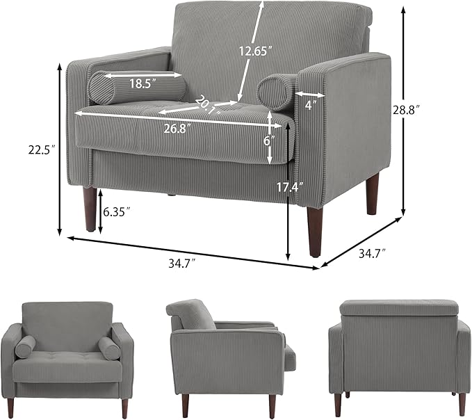 Oversized Accent Chair Set of 2, Corduroy Fabric Mid Century Modern Armchair with Large Seat for Living Room Bedroom Reading
