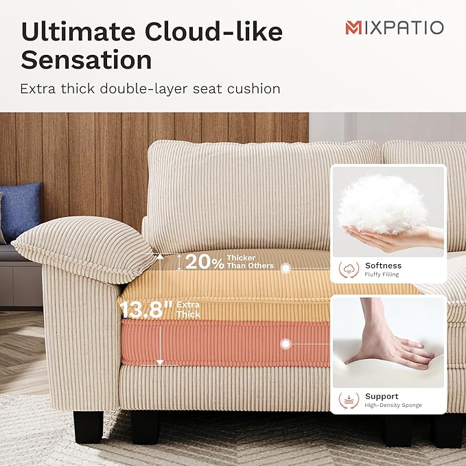 123" Cloud Modular Sectional Sofa, 3-Seater w/Deep Seat & Removable Arms, Plush Corduroy for Living Room - Beige