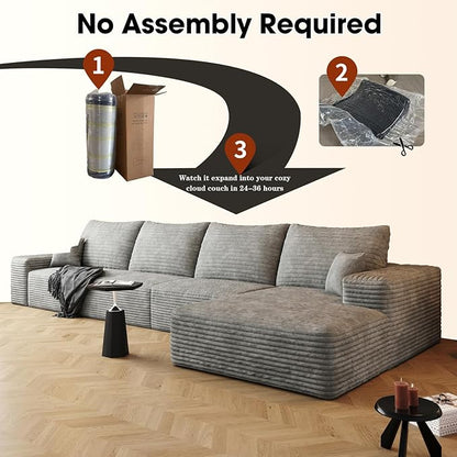135.4" Large Cloud Modular Sectional Sofa with L-Shape Chaise, Deep Seat Upholstered Couches for Living Room, No Assembly Required, Corduroy Pet-Friendly Fabric (Grey, Right Facing Chaise)