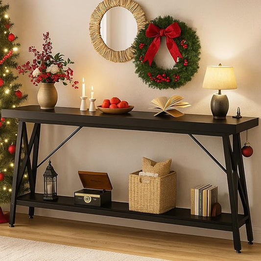 Homieasy 70.9 Inch Extra Long Console Table, Industrial Sofa Table Behind Couch with Charging Station & Storage Shelf, Entryway Table for Living Room & Entryway, Black