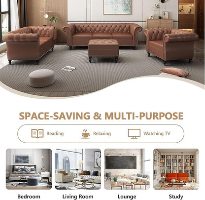 Loveseat Sofa Couch, Modern PU Leather Upholstered Sofa, Oversized Comfy 2 Seater Love Seat Couch with Cushions, Mid Century Tufted Chesterfield Sofa for Living Room, Bedroom, Apartment (Brown)