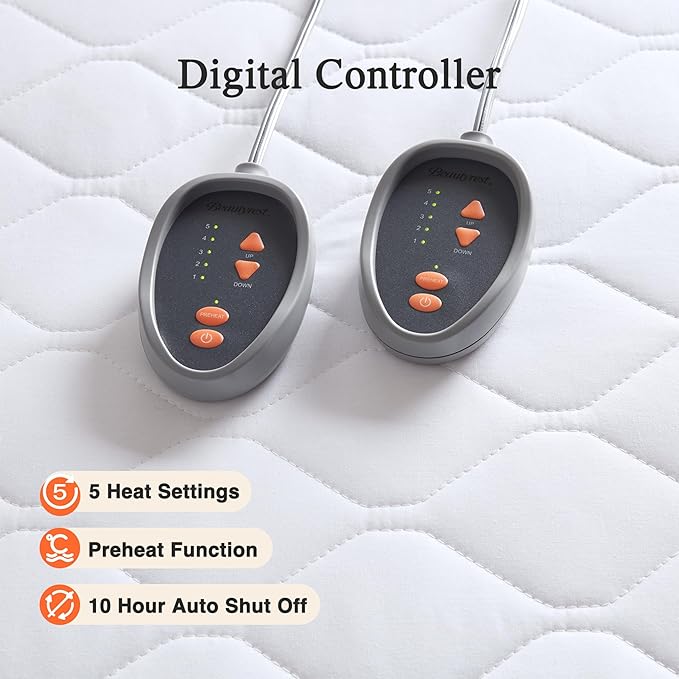 Beautyrest 3M Scotchgard Heated Mattress Pad - Electric Bed Warmer with 5 Heat Settings, 10 Hr Auto Shut Off Timer, All Around Elastic Deep Pocket, UL Certified, Machine Washable, White Queen