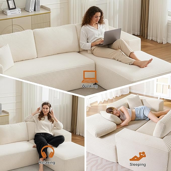 L-Shape Cloud Modular Sectional Sofa Couch,Modern Boneless Sectional Couch with Deep Seat,Upholstered Couches for Living Room Bedroom,No Assembly Required,Beige