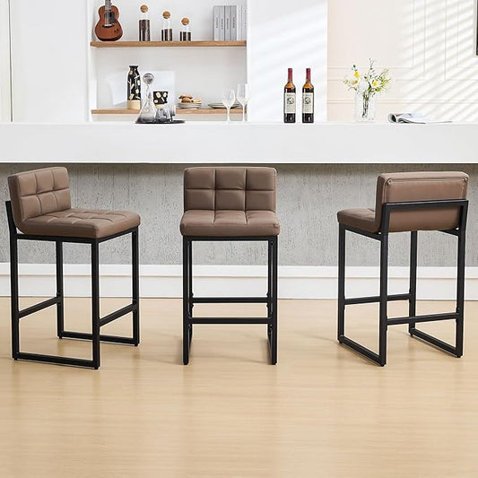 Bar Stools Set of 3, Upholstered PU Leather Counter Height Barstools with Low Back and Thickened Metal Legs, Modern Chairs for Kitchen Island, Bar, Counter (Coffee Brown, 3Pcs 26" Bar Stools)