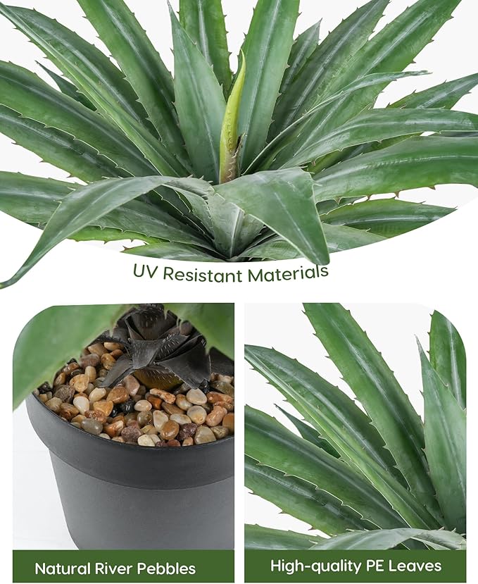 Velener Artificial Agave Plant in Black Pot with Real Stone Pebbles, Large Fake Agave Plants with Green Serrated Leaves, Faux Yucca for Indoor and Outdoor Decor-27 Inches Tall, 29 Leaves