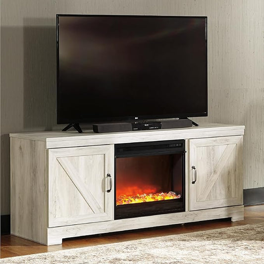 Signature Design by Ashley Bellaby Farmhouse 63" TV Stand with Fireplace for TVs up to 72", Whitewash