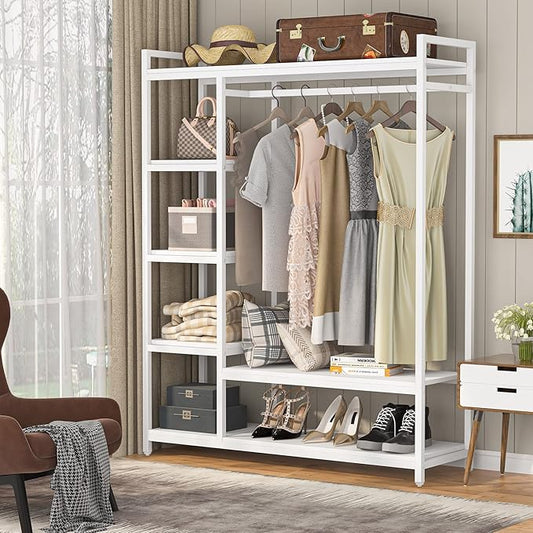 LITTLE TREE Free Standing Wood Closet Clothes Rack,Heavy Duty Grament Rack with Shelves,Hanging Racks for Clothes Clothing Rack for Bedrom,Wardrobe Closet Organizer,350 lb Capacity