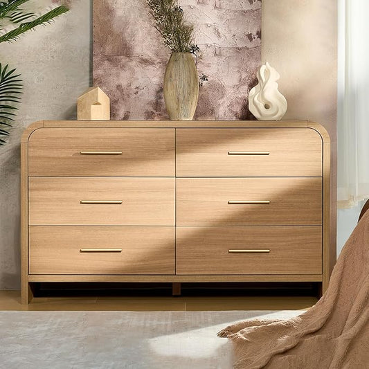 Curved 6-Drawer Dresser for Bedroom, 54" Wide Modern Chest of Drawers, Vanity Desk TV Stand for Living Room, Closet Storage Drawers Organizer Furniture, Nursery, Hallway, Oak
