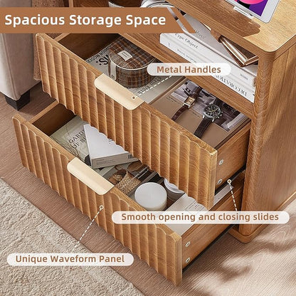 LEYAOYAO Fluted Nightstand Set of 2 with Charging Station,23" Modern Nightstand with Woodgrain Top, 2 Drawer End Table w/Storage, BedsideTables for Bedroom, Living Room, Curved Profile,Brown