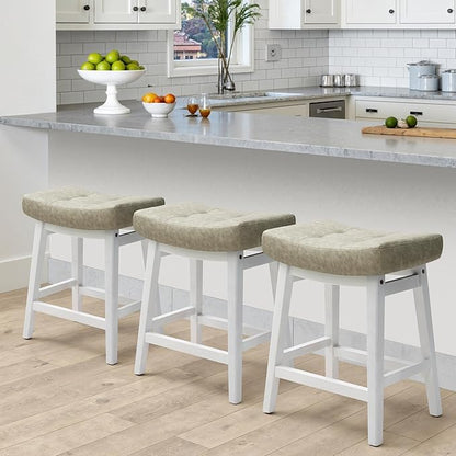 Counter Height Bar Stools Set of 6 for Kitchen Counter Farmhouse Modern Barstools with Faux Leather Upholstered Backless Seat and Solid Wood Legs 24 inch Bar Chairs, Light Grey + White