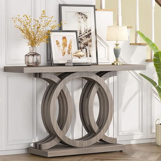 Tribesigns 55 inches Console Table with Geometric Base, Farmhouse Hallway Table, Wooden Entryway Sofa Table, Unique Long Accent Table for Decoration and Organization (Grey)