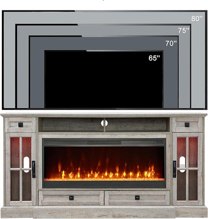 OKD Fireplace TV Stand for 80 Inch TV, Farmhouse Entertainment Center with 42" Fireplace & LED Lights, Modern Media Console Table with Storage Drawers & Cabinets for Living Room, Light Rustic Oak