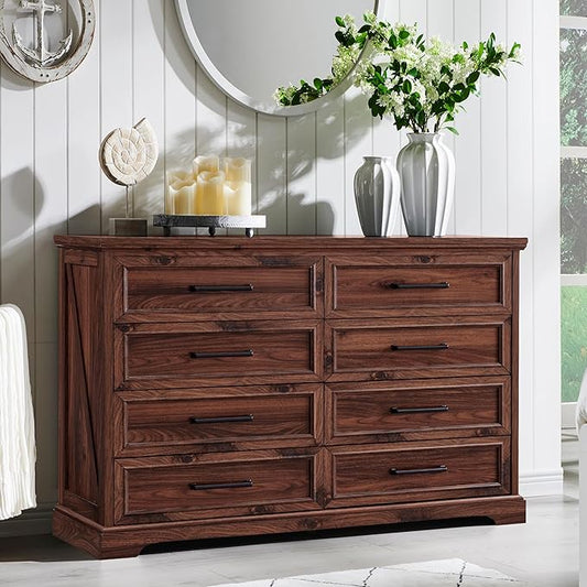 ACCOHOHO Farmhouse 8 Drawers Dresser Chests for Bedroom,52" Wide Wood Rustic Chest of Drawers with Metal Handle,Natural Texture,Drawer Organizer for Bedroom,Living Room,Hallway and Entryway,Brown