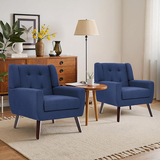 Accent Chairs Set of 2, Mid-Century Modern Upholstered Armchair, Comfy Fabric Living Room Chairs Reading Chairs with Button Tufted Back & Solid Wood Legs for Bedroom, Office, Blue