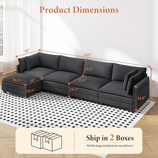 Vesgantti 143" L Shaped Modular Sectional Sofa, Comfy Corduroy Upholstered Modular Sectional Couches for Living Room, Modern Cloud Couch with Ottoman Deep Seat, Dark Grey