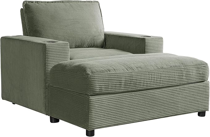 Christopher Knight Home Zoe Oversized Chaise Lounge Chair Indoor with Cup Holders & USB Charging Port, Corduroy Upholstered Sofa Bed + Ottoman with Storage, Comfy Deep Seat Sleeper Sofa Chair, Green
