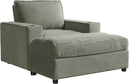 Christopher Knight Home Zoe Oversized Chaise Lounge Chair Indoor with Cup Holders & USB Charging Port, Corduroy Upholstered Sofa Bed + Ottoman with Storage, Comfy Deep Seat Sleeper Sofa Chair, Green