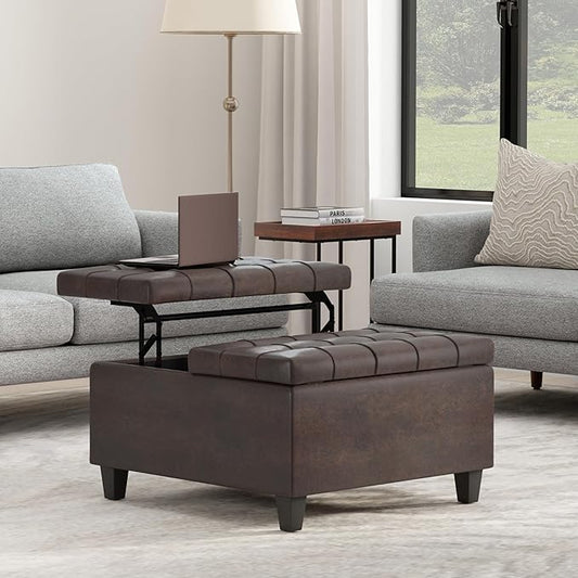 SIMPLIHOME Harrison 30 inch Wide Transitional Square Small Coffee Table Storage Ottoman in Distressed Brown Vegan Faux Leather, Assembled, for The Living Room and Bedroom