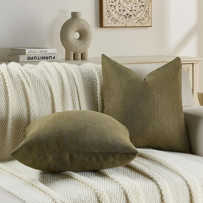 FUTEI Olive Green Chenille Throw Pillow Covers 16x16 Inch Set of 2,Soft Wide Chevron Textured Cushion Case,Farmhouse Home Decor for Couch Bed Living Room