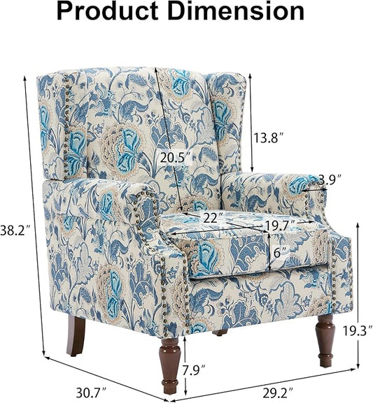 Pia Ricco High Back Floral Accent Chair - Retro Wingback Upholstered Armchair with Nailhead Trim, Solid Wood Legs, Fabric Living Room Bedroom Reading Chair (Flower Blue)