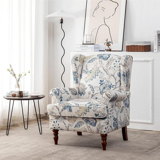 MELLCOM Floral Accent Chair, High Back Upholstered Armchair with Solid Legs, Leisure Single Sofa Chair for Living Room, Bedroom, Home Office, Blue Floral