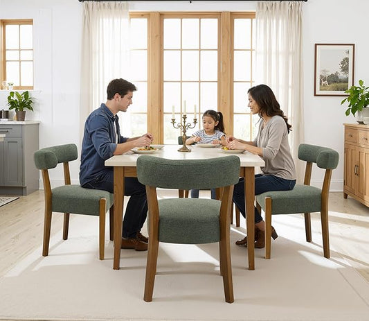 Modern Green Dining Chairs Set of 4, Walnut Upholstered Kitchen & Dining Room Chairs, Mid Century Modern Wooden Dining Chairs Oversized Sturdy Fabric Rounded Chairs Curved Back