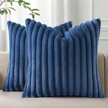 Pallene Faux Fur Plush Throw Pillow Covers 18x18 Set of 2, Luxury Soft Fluffy Striped Decorative Pillow Covers for Sofa, Couch, Living Room, Navy Blue