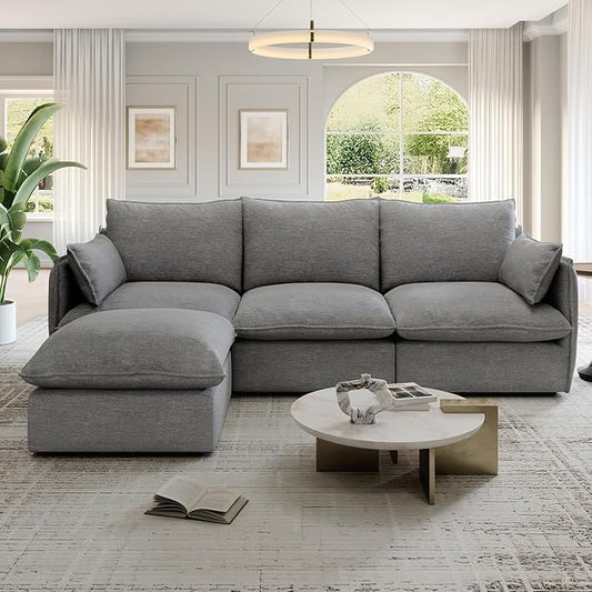 94.6" Cloud Modular Sectional Sofa, Waterproof Down Filled Sectional Sofas, High Backrest L Shaped 3 Seater Sectional Couches with Ottoman, Modular Couch with Removable Cover, Dark Gray