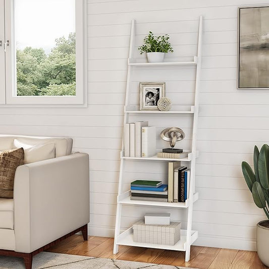 Lavish Home Bookshelf - 5-Tier Ladder Shelf with Leaning Look - Bookcase for Home Decor and Office Storage - Freestanding Book Shelves (White)