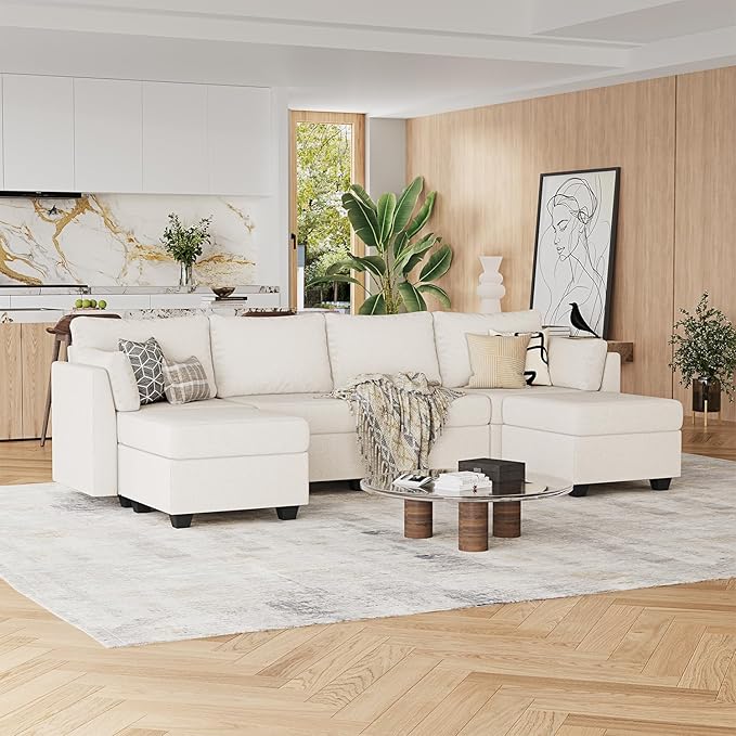 114.17" Modular Sectional Sofa, 6 Seat Sectional Couches with Storage, Memory Foam, Convertible Modular Couch for Living Room, U Shaped Comfy Modular Sofa with Chaise, Beige