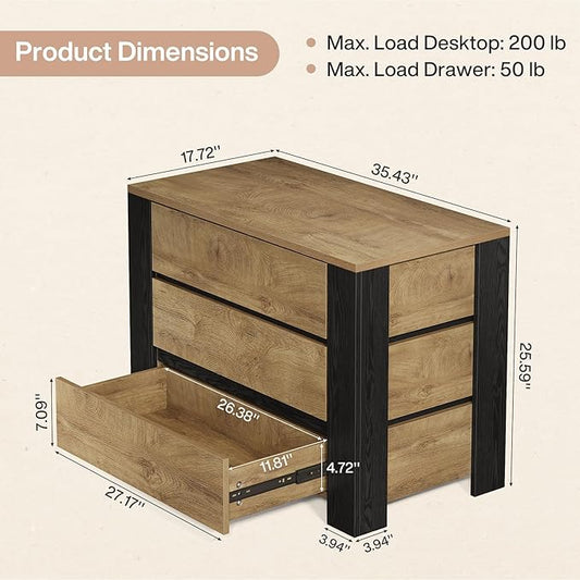 Tribesigns 36" Wide Nightstand, Oversized Night Stand with 3 Drawers, Extra Large Nightstand Bedside Table for Bedroom, Farmhouse Side End Table with Storage, Natural