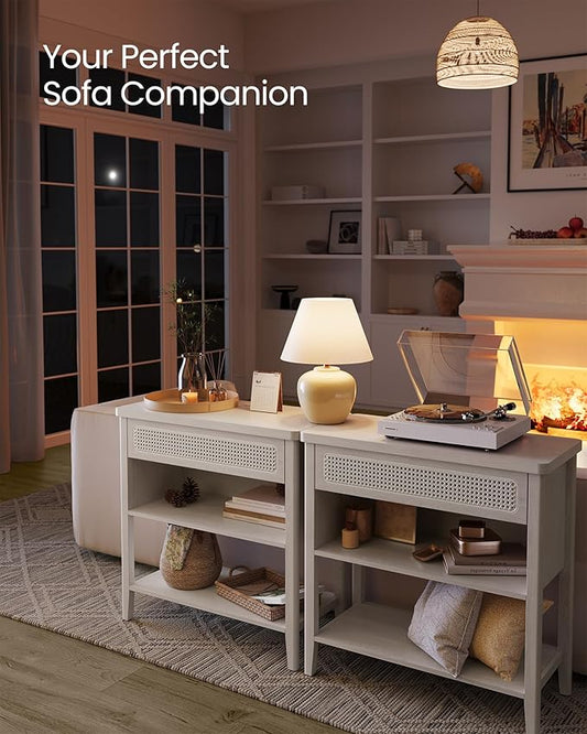 VASAGLE Console Table with Power Outlets, Entryway Table with Storage Shelf, Sofa Table with Drawer, Open Compartment, Rounded Corners, for Living Room, Boho Style, Oatmeal Beige ULNT140K66