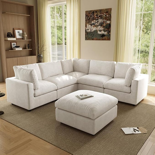 WJShome Modern V Shaped Sectional Couches for Living Room,100 Inch 5-Seater Chenille Deep Seat Modular Sofa with Ottoman, Cloud Couch for Bedroom and Apartment，Beige