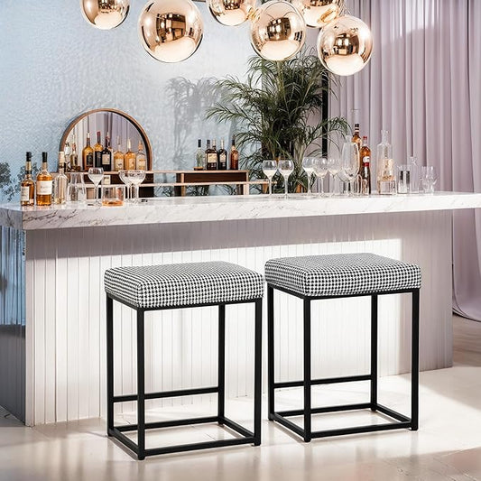 MAISON ARTS Bar Stools Set of 2 | Counter Height Bar Stools for Kitchen Island | 24" Backless Modern Bar Height Stools with Black & White Houndstooth Pattern