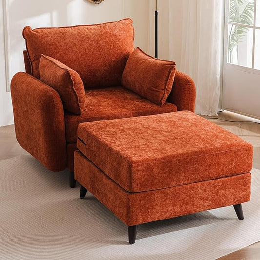 Oversized Accent Chair with Ottoman,All Seats Storage,Comfy Armchair,24.5'' Deep Seat,Upholstered Living Room Chairs,Reading Chair,Lounge Chair for Bedroom,Office,Chenille,Orange