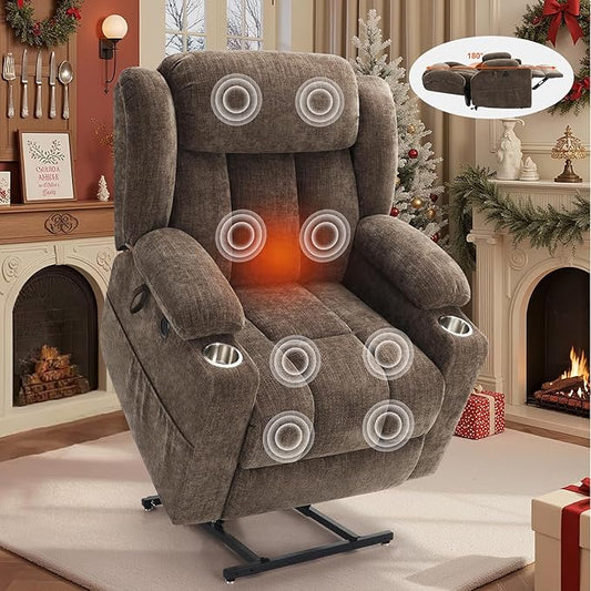 Dual Motor Lift Recliner Chair - Durable Heavy Duty Steel Mechanism Chenille Fabric High-Density Sponge, USB & Type-C Port Brown Standing Assistance Reclining Chair
