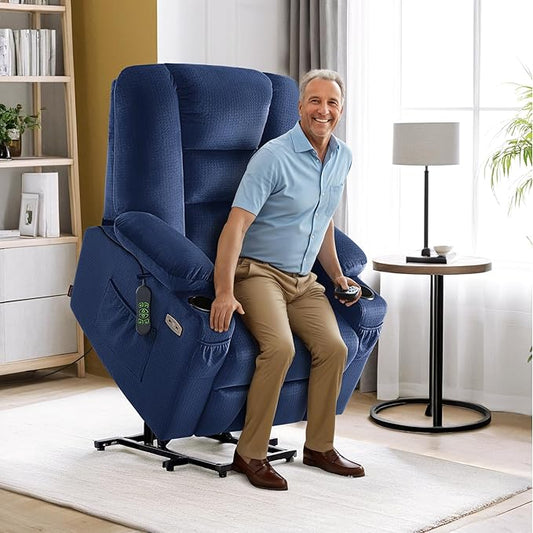 MCombo Power Lift Recliner Chair with Massage and Heat for Elderly People, Cup Holders, USB Ports, Side Pockets, Fabric 7529 (Medium, Navy Blue)