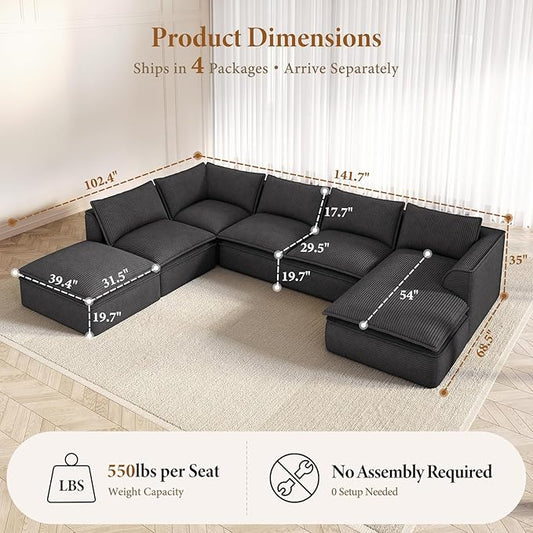 Vesgantti 141.7" Oversized Boneless Sectional Couch, Modern 7 Seater Modular Sofa with Chaise & Ottoman, Deep Seat Convertible Corduroy Cloud Couches for Living Room, No Assembly Required, Black