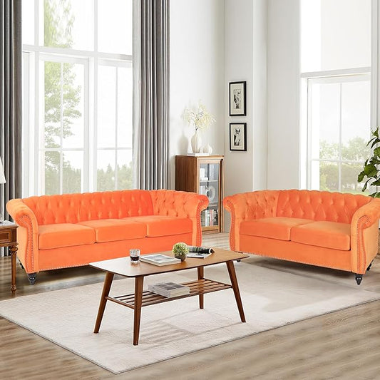 Living Room Velvet Sofa and Loveseat set, Mid Century Modern Upholstered Couch with Cushions, 2-Piece Home Sofa Furniture Sets, Comfy Tufted Chesterfield Couches for Living Room, Bedroom, Office