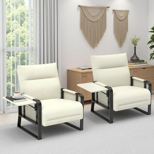 Upholstered Accent Chairs Set of 2, Modern Faux Leather Sofa Chairs with Foldable Side Tray Table & Storage Pocket, Small Accent Sofas for Living Room, Bedroom, Beige