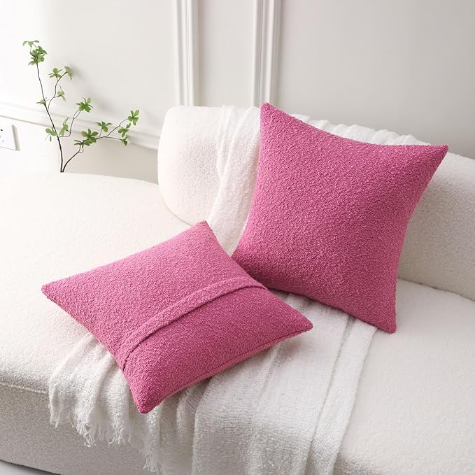 FUTEI Pack of 2 Hot Pink Decorative Throw Pillow Covers 22x22 Inch Soft Cozy Solid Boucle Textured Cushion Case,Modern Home Decor for Couch Bed Living Room