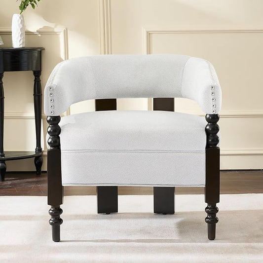 LOULENS Barrel Accent Chair for Living Room | Vintage Linen Upholstered Lounge Chair with with Solid Wood Legs, Armchair for Bedroom, Reception Room & Reading Nook, Light Grey