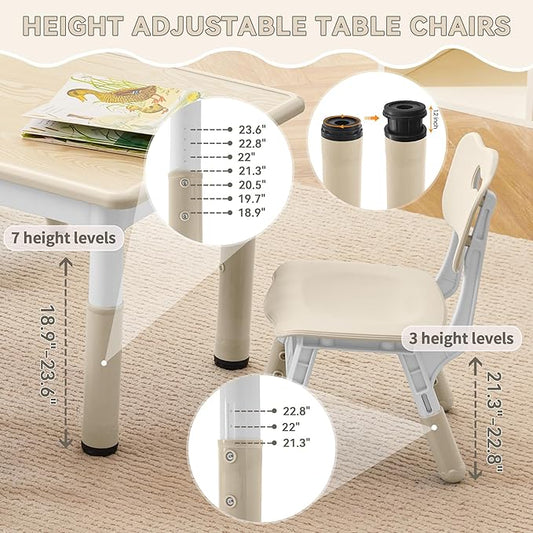 Kids Study Table and Chairs Set, Height Adjustable Toddler Table and Chair Set for Kids Ages 3-8, 23.6" L x 23.6" W Graffiti Desktop Plastic Children Art Table with 4 Seats, Burlywood