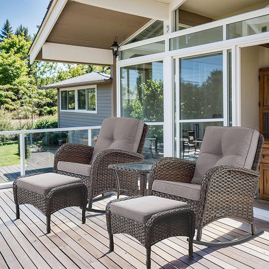 HUMMUH 5 Pieces Wicker Patio Furniture Set,Outdoor Rocker Chairs,Patio Ottomans,Glass Top Side Table,Outdoor Conversation Set for Porch Deck Backyard Poolside