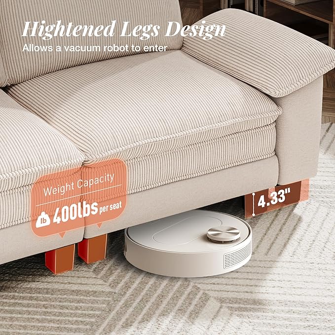 123-Inch L Shaped Sectional Sofa with Cloud Cushions, Deep Seat Modular Couch Set w/ 4 Seats & 1 Ottomans, Plush Chenille & Corduroy Upholstery for Living Room, Apartment - Beige