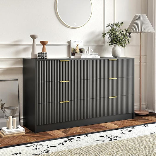 6 Drawers Fluted Dresser for Bedroom, 55" Wide Wooden Dresser with Deep Drawers, Large Floor Chest of Drawers, Modern Long TV Stand, Storage Cabinet Side Table, Black